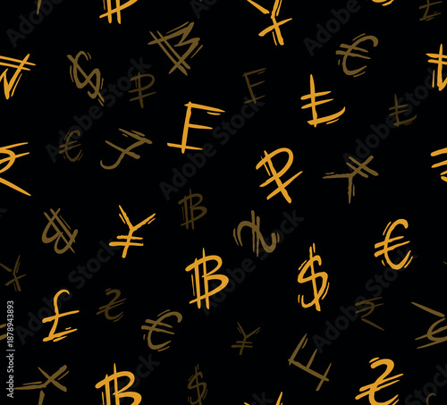 Editable vector illustration of a pattern with currency symbols from several countries around the world.