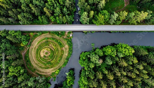 Aerial forest, river, road & spiral landscape feature