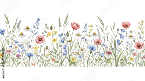 Watercolor floral seamless pattern with colorful wildflowers, plants and grass. Panoramic horizontal border, isolated illustration. Meadow in vintage style.