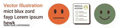 Healthcare, documentation, feedback, emotions, user experience, medical evaluation. Neutral and happy faces next to a medical history form. Healthcare and documentation medical evaluation