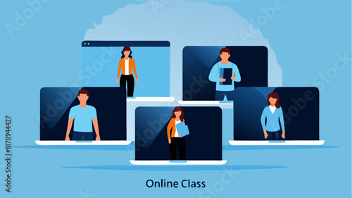 People learning together in an online class on multiple devices