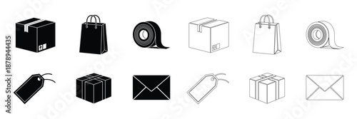 Logistic delivery shipping box bag and mail icons set in black and line style vector file
