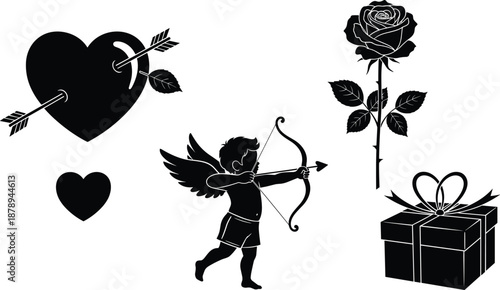 valentine love heart cupid arrow rose flower gift romance romantic symbol icon silhouette illustration design wedding engagement passion affection holiday
