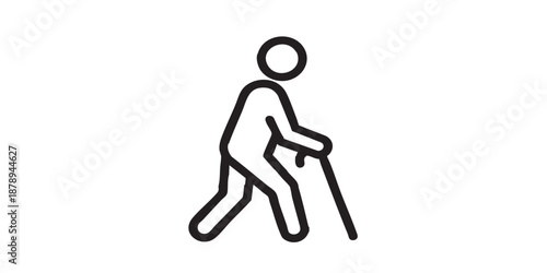 Man with stick vector icon, disabled person access symbol, accessibility concept, black outline and filled style, isolated on transparent background, simple modern design