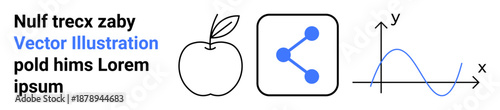 Education, data science, network communication, food, graphs, analysis. Minimalist design includes an apple outline, a network icon with points and lines and a line graph. Education and data science