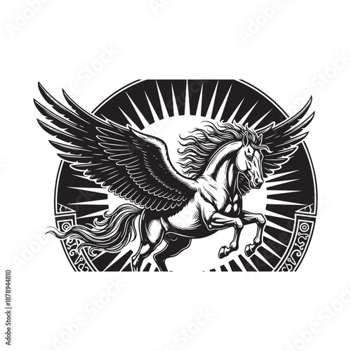 Majestic winged horse soaring through a radiant sunburst