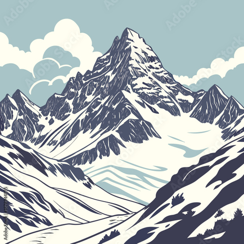 Snowy mountain peaks with clouds mountains landscape