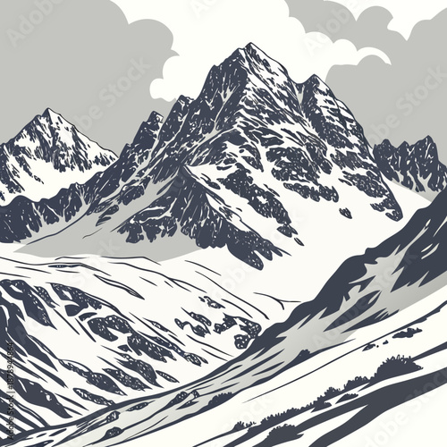 Snowy mountain peaks with rugged terrain and clouds