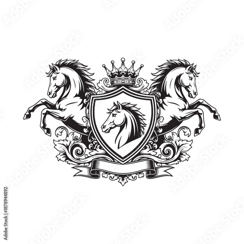 Elegant horse crest logo design with crown and shield