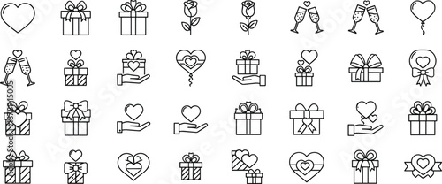 Valentines day line icon set hearts gifts roses champagne balloons bows love symbols apps websites cards invitations ui minimal outline