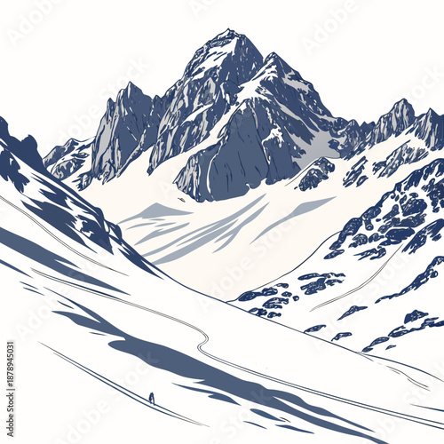 Of snowy mountain ridges on white background frozen