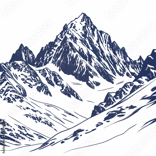White background of snow covered mountain ridges in dark blue