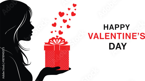Valentine, gift, heart, love, silhouette, box, ribbon, red, emotion, celebration, present, romantic, holiday, greeting, affection, passion, person, art, graphic, design