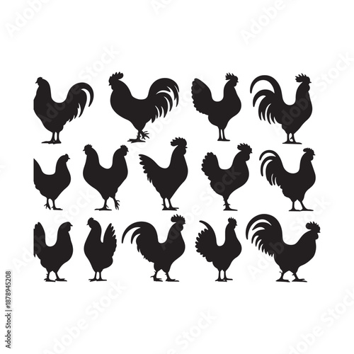 Collection of silhouettes of chickens and roosters