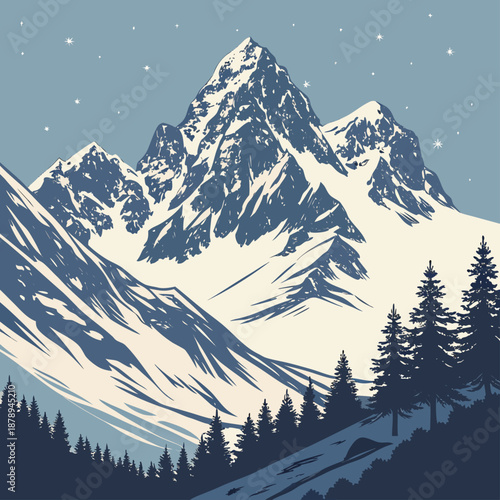 Snow mountain silhouettes with realistic shading winter