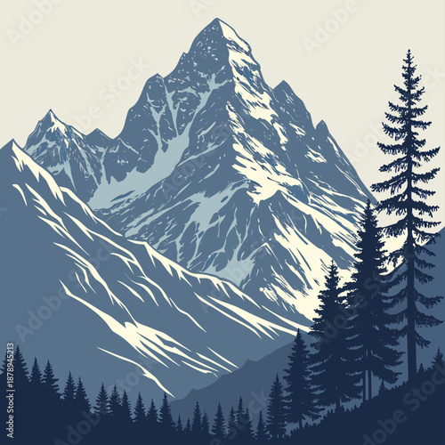 Snow mountain silhouettes with realistic shading and trees