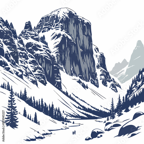 Snowy mountain cliffs with trees and rocks