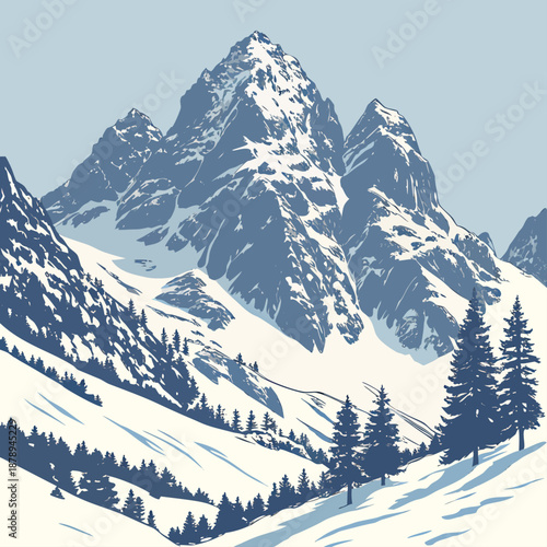 Snowy mountain peaks with trees on slope