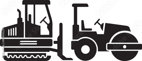 Black silhouette of a road roller and a steamroller construction vehicle heavy equipment