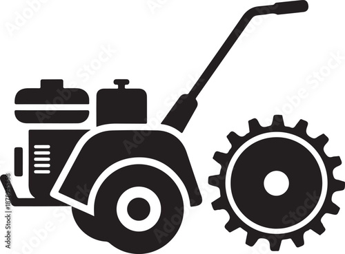 Black silhouette of a tiller with a large rear wheel and handle gardening tool gardening equipment
