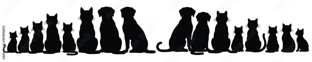 Obraz premium Diverse Cat Silhouettes in a Row, Simple Flat Design Vector Illustration