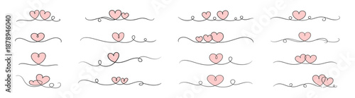 Romantic heart line dividers set, continuous love doodle borders for wedding and valentine design on transparent background