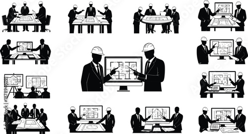 Architects meeting silhouette set, construction engineers discussing blueprint plans on table and monitor project planning teamwork black vector illustration