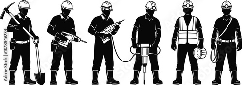 Construction worker silhouette set, builder with tools jackhammer drill shovel pickaxe safety vest helmet electrician cable industrial labor vector icons
