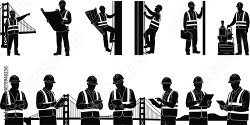 Construction worker silhouettes set, engineers and inspectors with blueprints and tablets, bridge and building site safety teamwork, black vector illustration