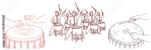 Detailed sketch-style vector set: group of Chinese Traditional drummers playing drums, a person playing a drum with hands, and a drummer using sticks on a large drum 
