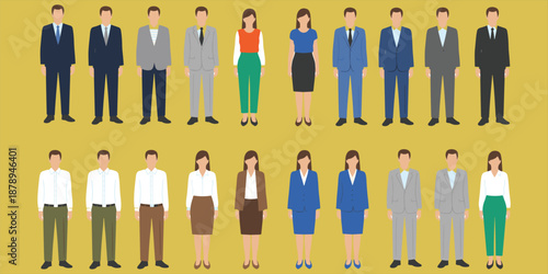 Flat vector business people avatars set featuring diverse male and female office workers, corporate team characters, professional staff icons for presentations
