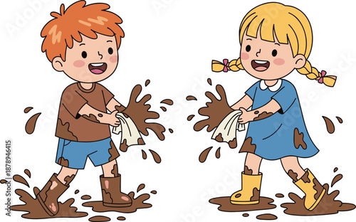 Happy kids playing in mud puddles, cute boy and girl splashing muddy water outdoors, childhood fun, rainy day activity, cartoon vector illustration