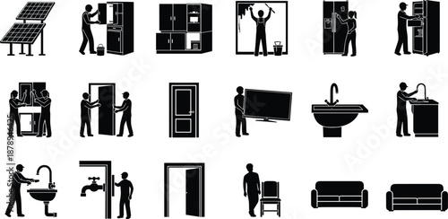 Home repair service silhouette icons set, handyman installing kitchen cabinet door sink faucet fridge painting wall solar panel furniture moving black vector