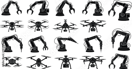 Industrial robot arm and drone silhouette set, robotic manipulator claw gripper welding drill quadcopter technology automation black vector icons