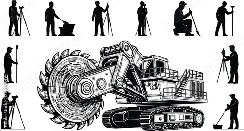 Heavy mining cutter excavator with giant circular saw, surveyors and construction workers silhouettes, industrial excavation and earthmoving machinery, black and white vector illustration