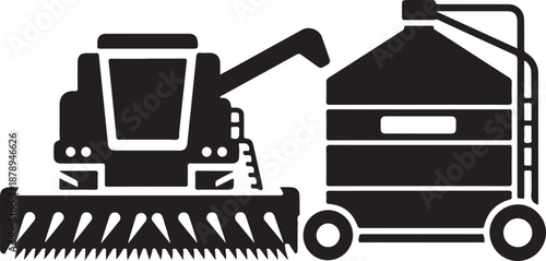 Black silhouette of combine harvester and grain cart agricultural machinery farming equipment