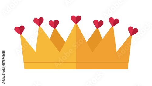 Golden royal crown with red heart shaped tips vector illustration icon in flat cartoon style isolated