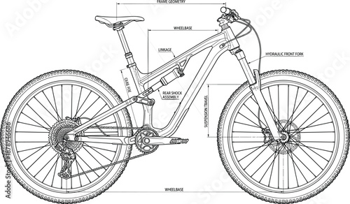 Mountain bike technical blueprint illustration showing frame geometry suspension system drivetrain components and wheelbase measurements isolated on white background