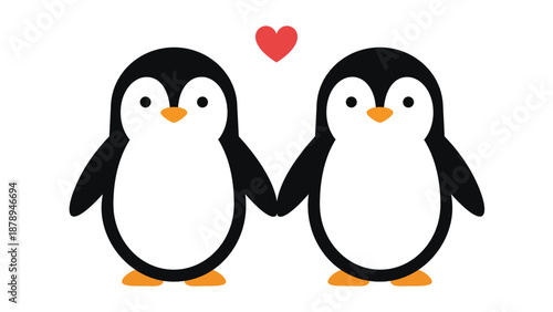 Cute penguin couple holding hands under a red heart vector illustration icon in flat cartoon style isolated