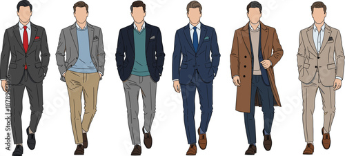 Stylish businessman fashion set, men in suits and coats walking poses, elegant office wear collection, modern male outfit, vector illustration