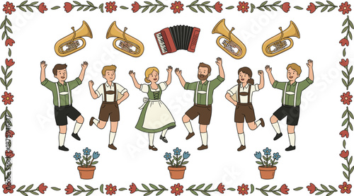 Traditional Bavarian folk dance illustration with people in lederhosen and dirndl costumes celebrating Oktoberfest with music flowers and floral border design