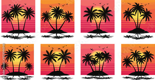 Tropical palm tree silhouettes at sunset, island reflection over water, vibrant orange and pink sky, beach scene, travel and relaxation vector artwork