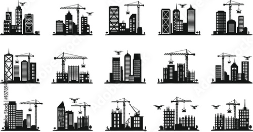 Urban skyline construction silhouettes, tower cranes and drones over city buildings, highrise development and construction sites, modern architecture, industrial progress, vector illustration