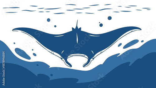 Majestic Manta Ray Gliding Through Ocean Waves with Bubbles