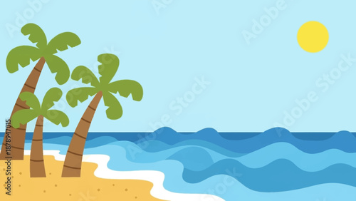 Tropical Beach Scene with Palm Trees, Ocean Waves, and Sunny Sky