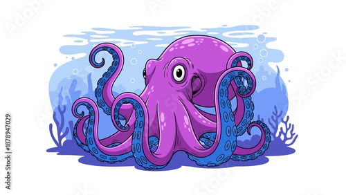 Vibrant Purple Octopus Illustration with Tentacles and Underwater Background
