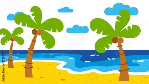 Colorful cartoon palm trees on a sandy beach with blue ocean waves and white clouds in a clear sky