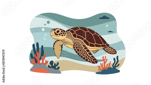 Illustration of a sea turtle gracefully swimming through clear blue ocean waters, surrounded by coral reefs and marine life