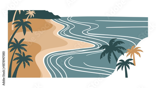 A serene coastal landscape illustration depicting a sunny sandy beach with gentle ocean waves, lush palm trees, and a distant headland, perfect for a tranquil vacation theme