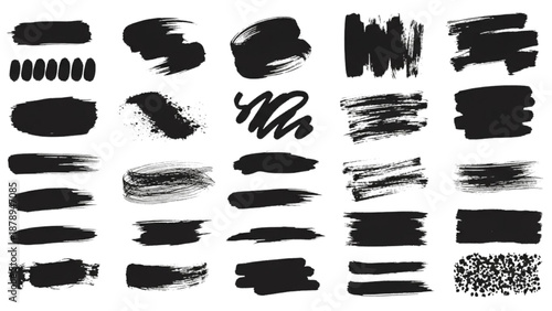 Collection of diverse black brush strokes and smudges displayed on a clean background from various artistic viewpoints